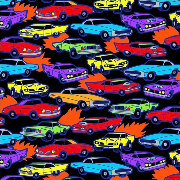 SALE Fabric, Bright Race Cars on Black by Timeless Treasures, By the Half Yard or Full Yard