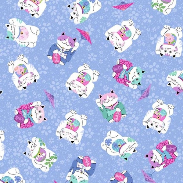 Fabric, Good Fortune Cat in Blue, Japanese Geisha Girls by Michael Miller, By The Half and Full Yard