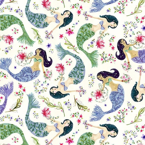 Mermaid Fabric, Swimming Mermaids, Aquarius by Dear Stella, By the Half or Full Yard