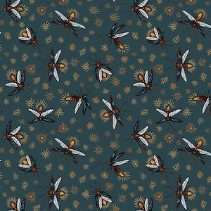 May include: A teal blue fabric with a repeating pattern of white and brown fireflies with yellow glowing lights. The fireflies are surrounded by small yellow stars.