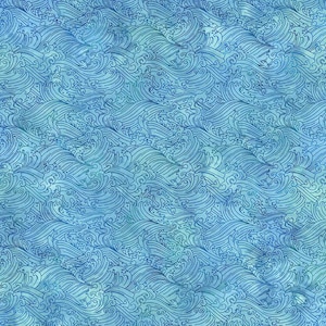 May include: A fabric with a repeating pattern of stylized ocean waves in shades of blue and teal. The waves have a detailed, swirling design, creating a textured appearance. The overall effect is reminiscent of a watercolor painting.