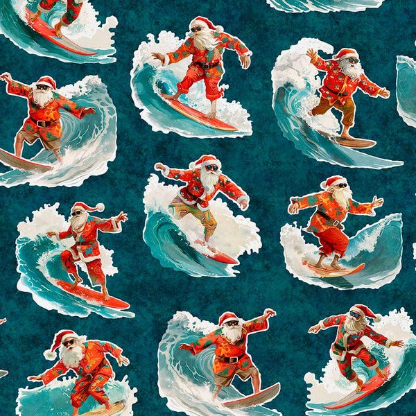 Santa Fabric, Surfing Santa on Teal, Gotta Have It by QT Fabrics, Last One Yard