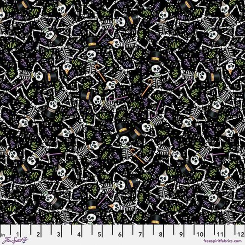 May include: Black fabric with a repeating pattern of white skeletons wearing top hats and holding canes. The skeletons are interspersed with musical notes and colorful confetti. The fabric is marked with inch measurements.