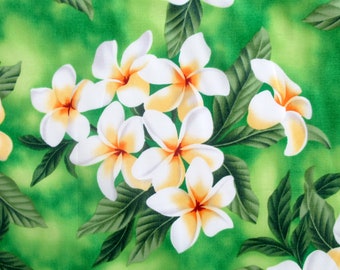 Fabric, White Plumeria Bouquet on Lime Green, Tropical Hawaiian, By the Half or Full Yard