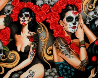 Fabric, Las Elegantes, Bright Smoke, Day of the Dead, Skulls, Red Roses, Tattoo, Alexander Henry, Sexy Pinups, By The Yard