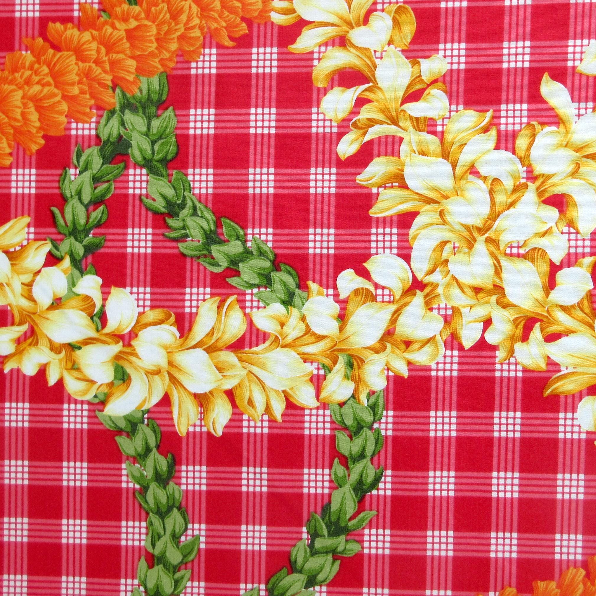 Hawaii Fabric, Island Palaka Leis on Red, by the Half or Full Yard