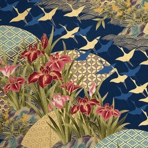 Fabric, Flying Cranes with Asian Fans, Iris Flowers on Navy, Gold Metallics, By the Yard image 9