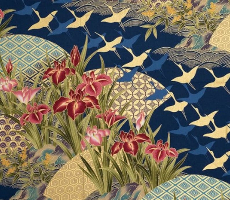 Fabric, Flying Cranes with Asian Fans, Iris Flowers on Navy, Gold Metallics, By the Yard image 9