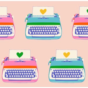 May include: A repeating pattern of vintage typewriters in pink and blue, each with a sheet of paper displaying a heart symbol. The background is a soft pink. The typewriters have white keys and green, orange, and blue accents.