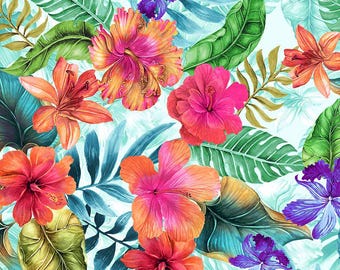 Tropical Fabric, Hibiscus Garden on Light Aqua Blue by Timeless Treasures, By the Half or Full Yard