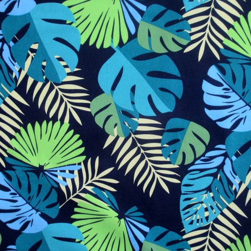 Hawaiian Fabric Evening Tropical Leaves Blue by the Half or - Etsy