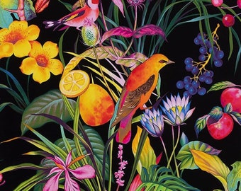 Bird Fabric, Rainbow Rainforest Black by Alexander Henry, Rare and Out of Print, Last 31 Inches