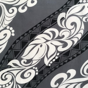 Hawaiian Fabric, Diagonal Tapa Leaf on Slate Gray, By the  Yard