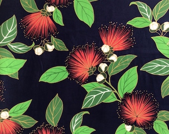 Fabric, Red Lehua Flower on Navy Blue, Tropical Hawaiian, By the Half or Full Yard