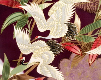 Fabric, Flying Cranes with Bamboo on Burgundy, Large Scale Print, Gold Metallics, By the Yard