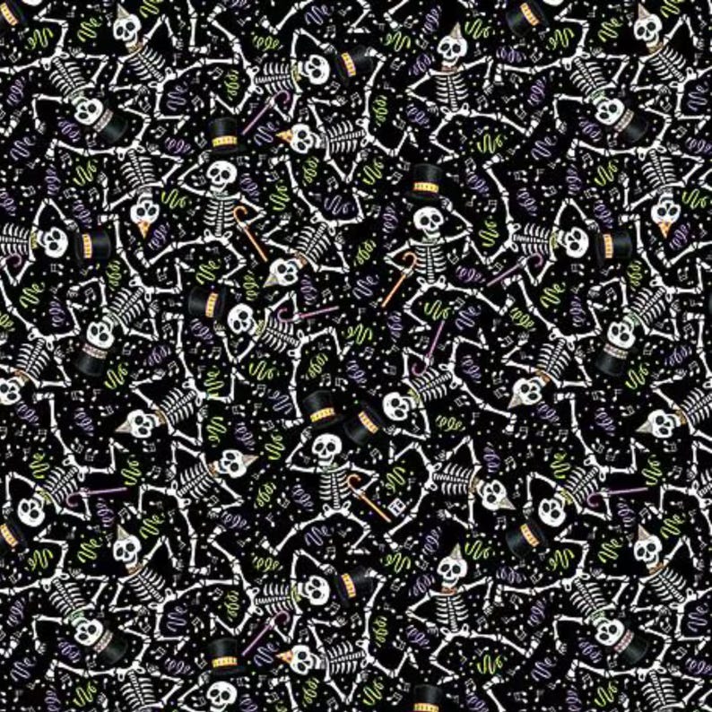 May include: A repeating pattern featuring dancing skeletons on a black background. The skeletons are white with black top hats, canes, and musical notes. Confetti-like shapes in green, purple, and yellow add to the festive Halloween theme. This design is suitable for fabric or wallpaper.
