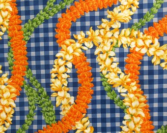 Hawaii Fabric, Island Palaka Leis on Royal Blue, by the Half or