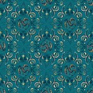 May include: Teal and gold repeating pattern featuring stylized dragons within circular frames, surrounded by ornate swirls and starbursts. The design has a vintage, fantasy theme, suitable for fabric or wallpaper.