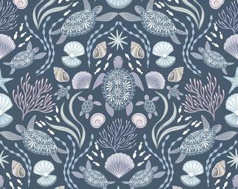 Sea Turtle Fabric, Sea Turtle Family on Dark Blue with Pearl, Ocean Pearls by Lewis and Irene, By the Half or Full Yard