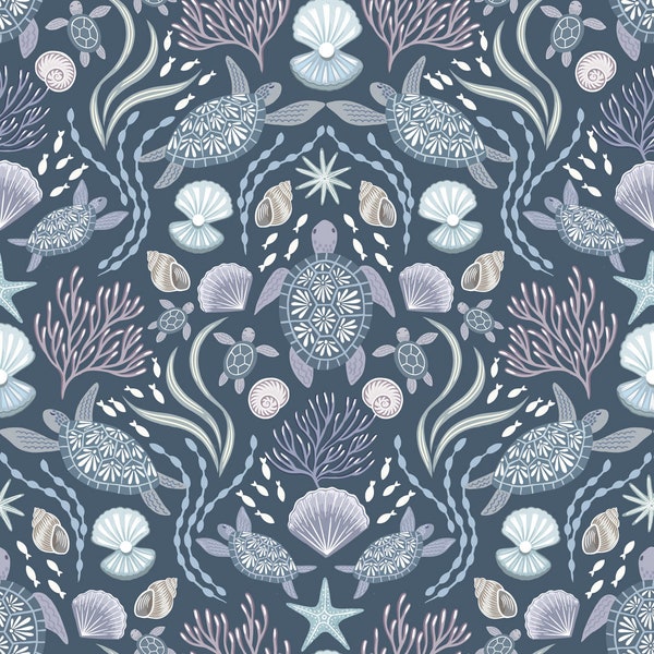 Sea Turtle Fabric, Sea Turtle Family on Dark Blue with Pearl, Ocean Pearls by Lewis and Irene, By the Half or Full Yard