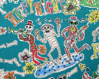 CANVAS Fabric,  Skulls and Day of the Dead Skeletons on Teal, Kei Japanese Cotton Linen Canvas,  By The Half or Full Yard