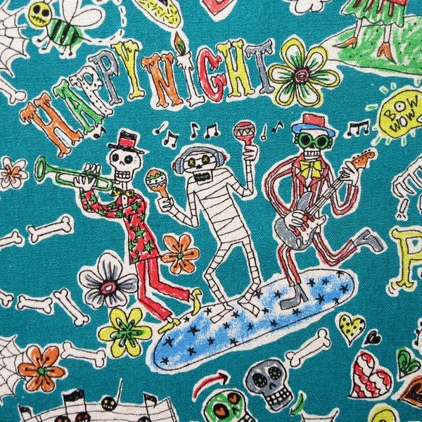 CANVAS Fabric,  Skulls and Day of the Dead Skeletons on Teal, Kei Japanese Cotton Linen Canvas,  By The Half or Full Yard