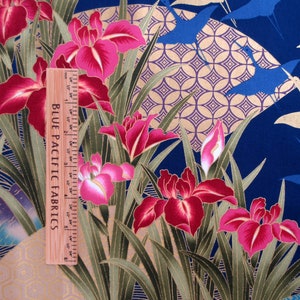 Fabric, Flying Cranes with Asian Fans, Iris Flowers on Navy, Gold Metallics, By the Yard image 7