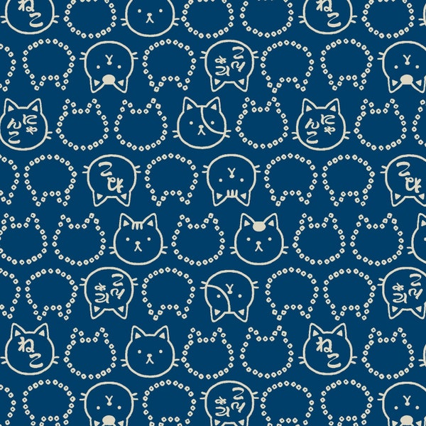 Cat Fabric, Cotton DOBBY, Fuku Cats in Blue, Japanese Import, By the Yard