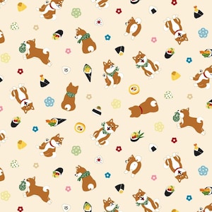 Dog Fabric, Japanese Dogs and Snacks on Cream by Cosmo, By the Half or Full Yard
