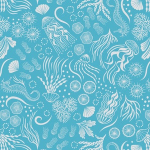Sea Life Fabric, Jellyfish on Turquoise Silver Metallic, Moontide by Lewis and Irene,By the Half or Full Yard