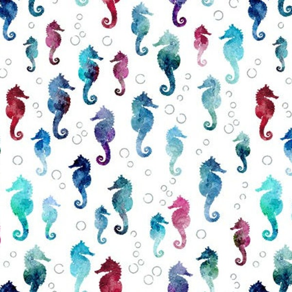 Seahorse Fabric, Deep Dive on White, Fanciful Sea Life by Michael Miller, Last 18 Inches