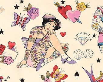 Tattoo Fabric, Pretty in Ink in Pink Tea by Alexander Henry, By the Half or Full Yard