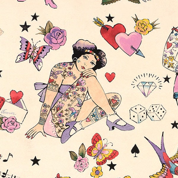 Tattoo Fabric, Pretty in Ink in Pink Tea by Alexander Henry, By the Half or Full Yard