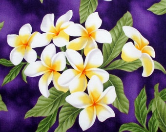 Fabric, White Plumeria Bouquet on Deep Purple, Tropical Hawaiian, By the Half or Full Yard