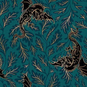 May include: A teal and gold dragon and leaf pattern. Black dragons with outstretched wings are interspersed among gold-colored leaves and teal-colored foliage. The repeating pattern is suitable for fabric or wallpaper.
