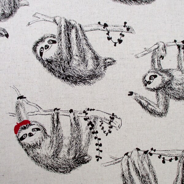 Remnant Fabric, Tree Sloths on Natural, Cosmo, Cotton Linen CANVAS, Sloth with Red Hat, 24 x 56 inches