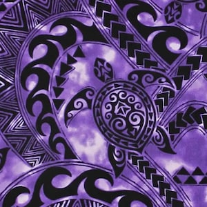 May include: Purple and black patterned fabric featuring a stylized sea turtle design. The design incorporates swirling patterns, triangles, and wave-like shapes. The background has a cloudy, tie-dye effect.