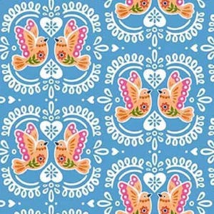 Folk Bird Fabric, Bird Tiles on Blue. Fiesta by Michael Miller, By the Half or Full Yard