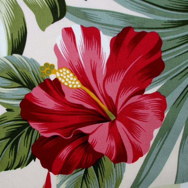 Fabric Red Hibiscus Floral on Cream Tropical Hawaii Bird of Etsy