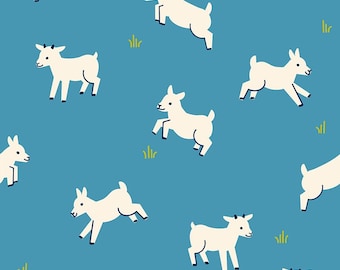 Goat Fabric, Baby Goats on Vintage Blue, Animal Animal by Ruby Star Society, By the Half or Full Yard