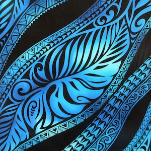 May include: Blue and black patterned fabric with a repeating design of stylized leaves and geometric shapes.
