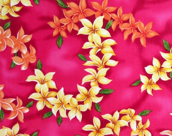 Hawaii Fabric, Island Plumeria Leis on Hot Pink, By the Half or Full Yard