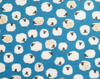 Sheep Fabric, Sweet Little Sheep on Blue By Cosmo, By the Half or Full Yard