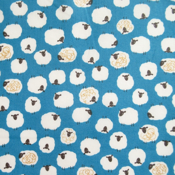 Sheep Fabric, Sweet Little Sheep on Blue By Cosmo, By the Half or Full Yard