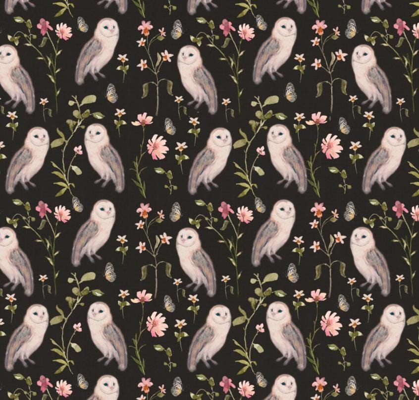 Owl Fabric, Owl Ballads, Fluttering Blooms by Camelot, By the Half or Full Yard