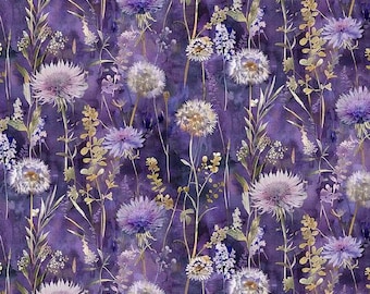 Dandelion Fabric, Night Floral Field, Mystic Meadow by Timeless Treasures, By the Half or Full Yard