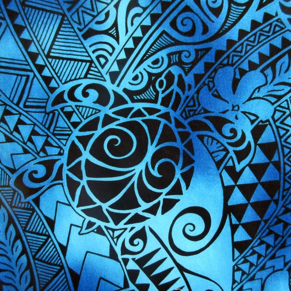Turtle Fabric, Hawaii Honu Sea Turtle in Blue, Polynesian Tapa Tattoo Designs, By The Yard