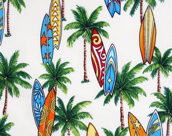 Fabric, Palm Trees and Surf Boards on Cream, Hawaii Beach Water Sports, Last One Yard