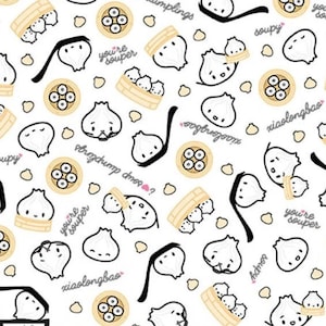 Cute Food Fabric, Soup Dumplings, Dimsum Steam Team by Michael Miller, By the Half or Full Yard