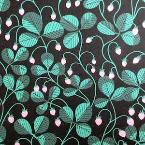 May include: A repeating pattern of stylized strawberries and leaves on a black background. The leaves are teal and dark green with detailed veining, while the strawberries are pink. The design has a vintage, botanical feel.